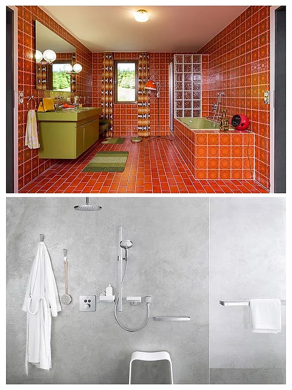 Oben ein typisches Badezimmer aus den 1970er und 1980er Jahren, unten ein modern gestaltetes Badezimmer. (Foto oben: Copyright: Hansgrohe SE / KARLHUBERFOTODESIGN www.studio-khf.de / Foto unten: Copyright: Kuhnle und Knödler for Axor / Hansgrohe SE)