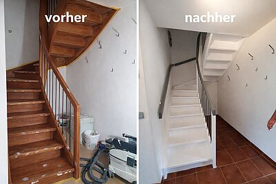 Treppenrenovierung Bremen – Holztreppe weiß lackiert vorher nachher